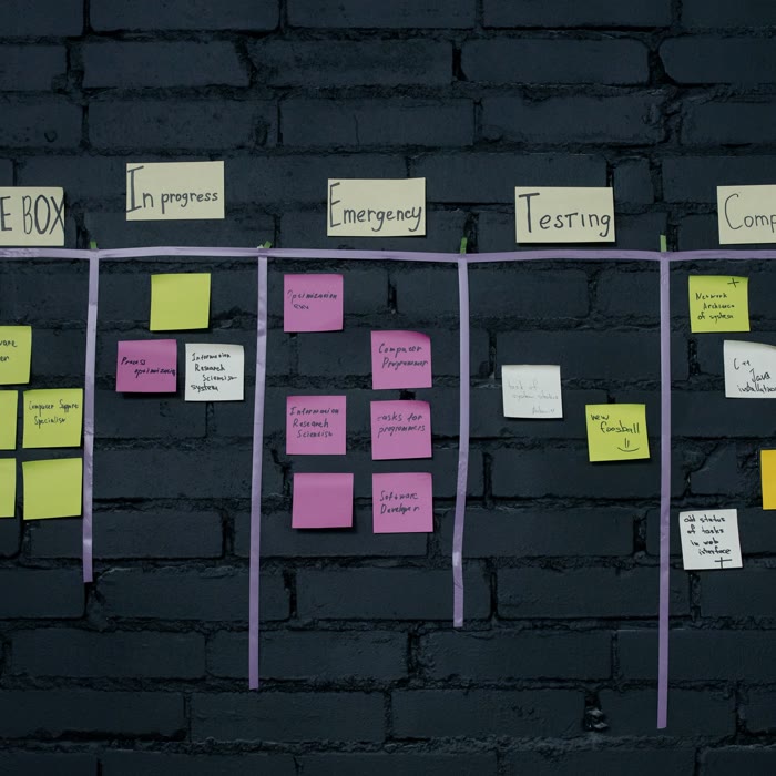 Kanban workflow board with sticky notes organizing business system tasks